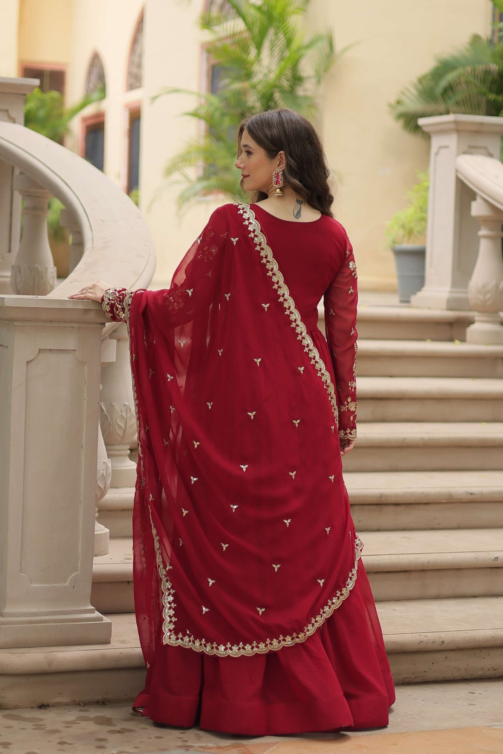 Maroon Faux Blooming Sequins & Zari Embroidered Gown with Matching Dupatta