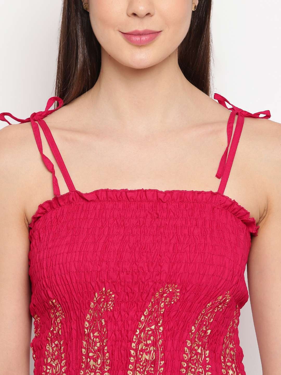 Women's Rayon Printed Casual Summer Style Tie Shoulder Straps Free Size Tank Top ( Maroon Gold Pattern) - Image 4