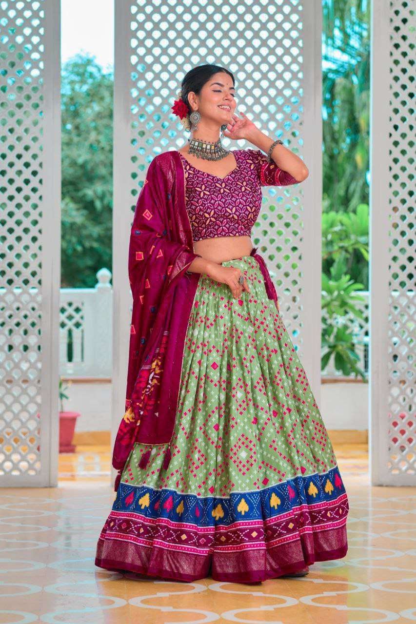 Light Green Tussar Silk Lehenga Choli with Maroon Blouse | Minakari & Foil Print | Wedding & Festive Wear - Image 3