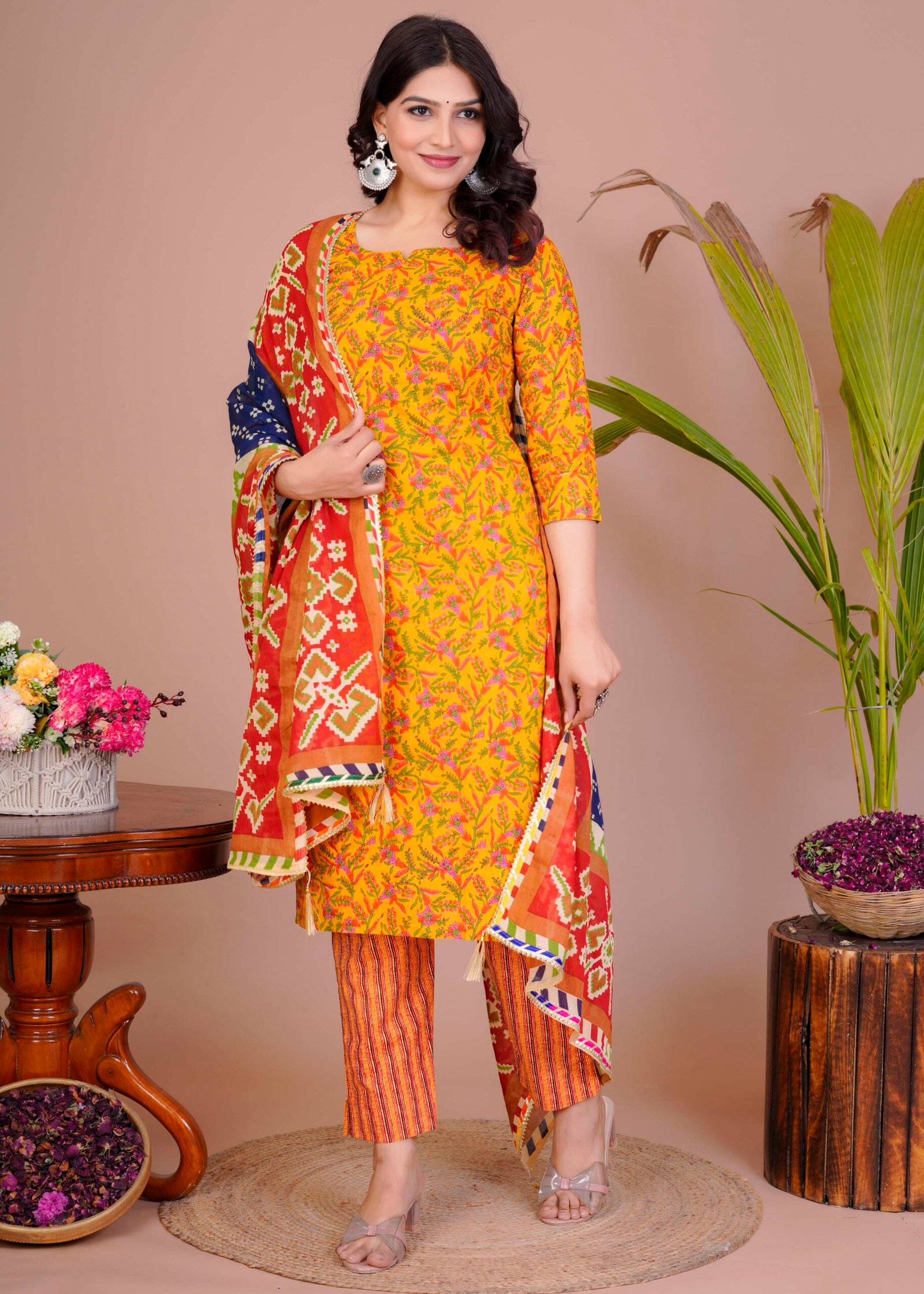 Women's Yellow Cotton Printed Straight Kurti with Pant & Dupatta Set - Image 5