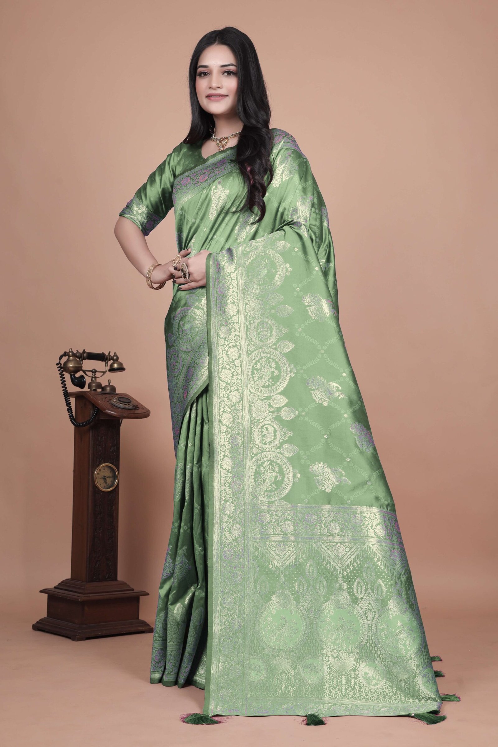 Mint Green Banarasi Silk Saree with Golden Zari | Floral & Ornate Pallu | Wedding, Festive & Traditional Wear