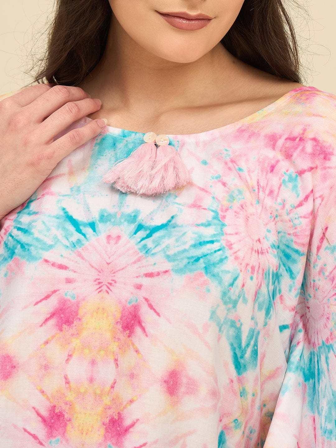 Women's Cotton Tie Dye Print Flowing Bell Sleeves Full Length Kaftan Drees Casual Beach Wear ( Multicolor1 ) - Image 4