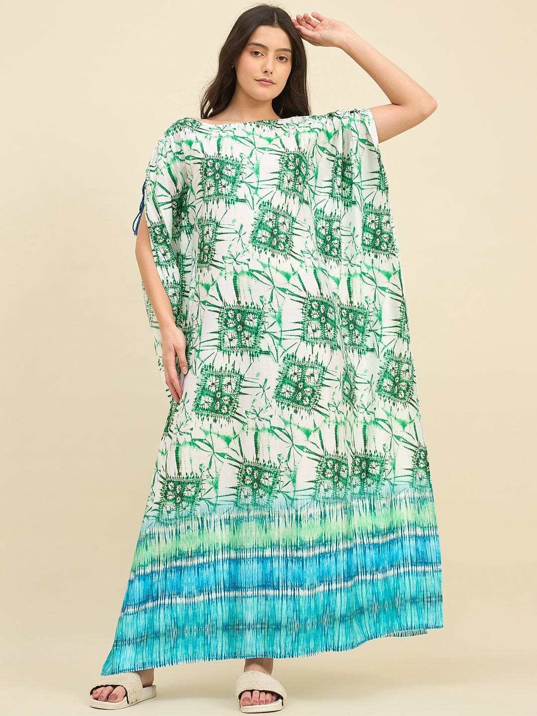 Women's Cotton Tie Dye Print Flowing Bell Sleeves Full Length Kaftan Drees Casual Beach Wear ( Green White ) - Image 4