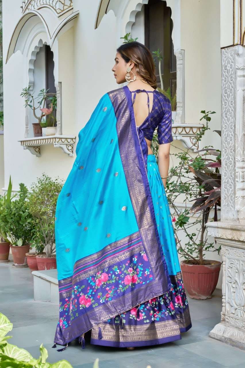 Sky Blue Tussar Silk Lehenga Choli with Dark Blue Blouse | Minakari & Foil Print | Wedding & Festive Wear - Image 4