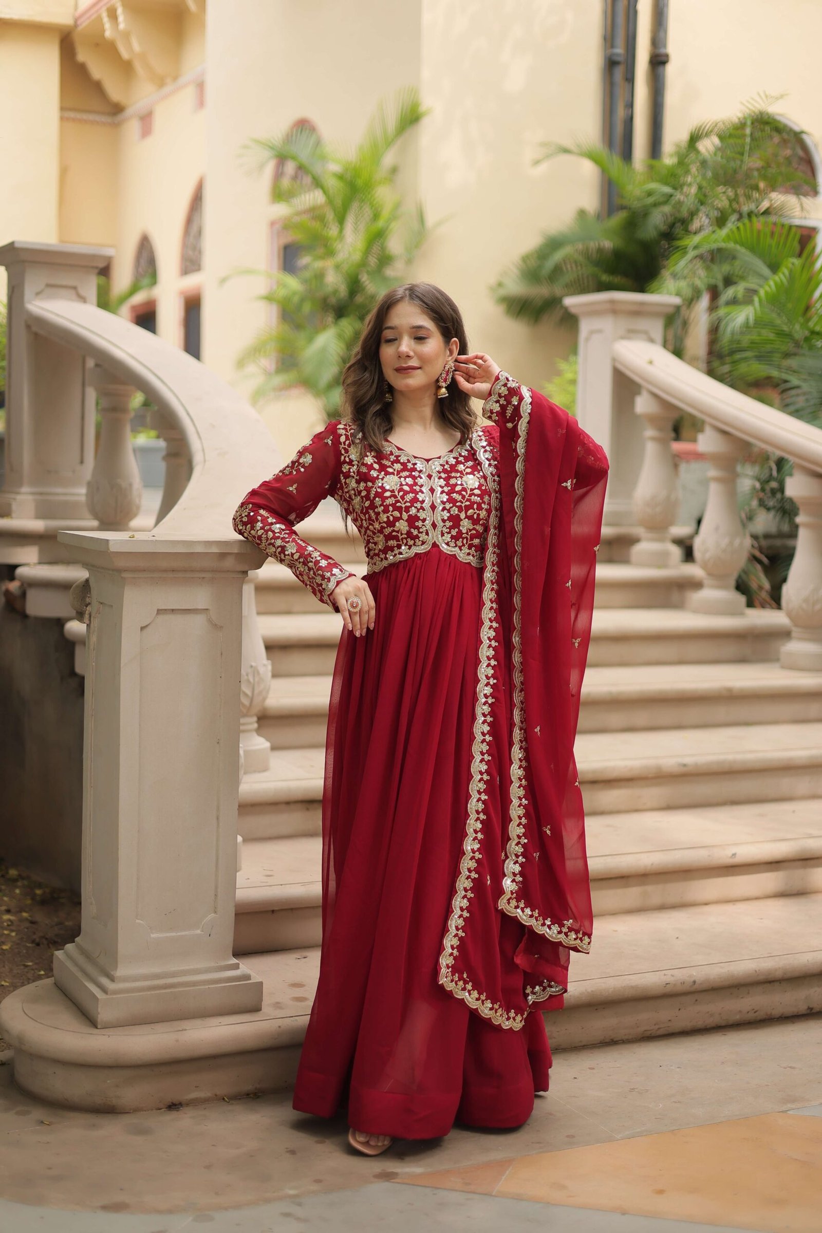 Maroon Faux Blooming Sequins & Zari Embroidered Gown with Matching Dupatta - Image 3