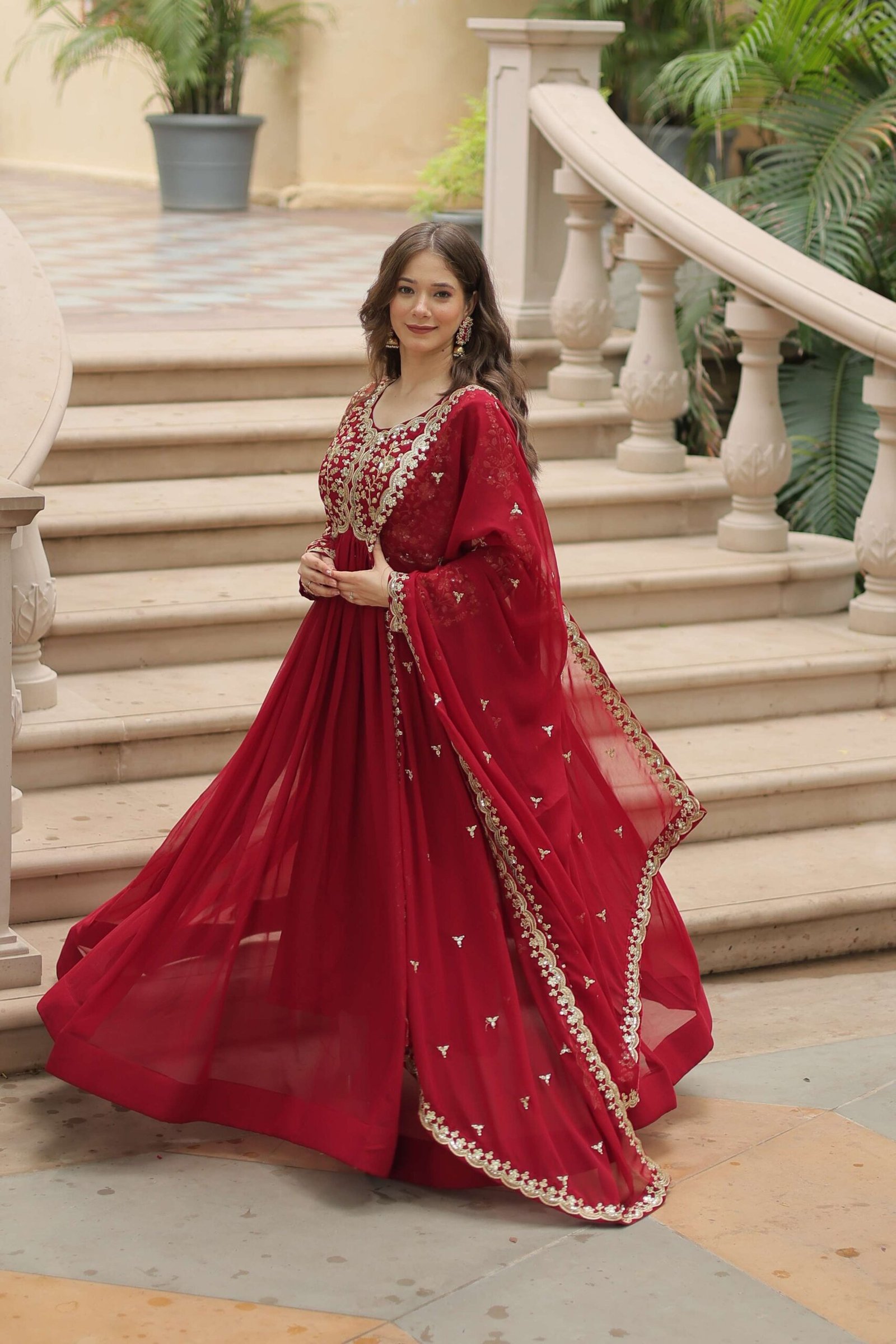 Maroon Faux Blooming Sequins & Zari Embroidered Gown with Matching Dupatta - Image 7