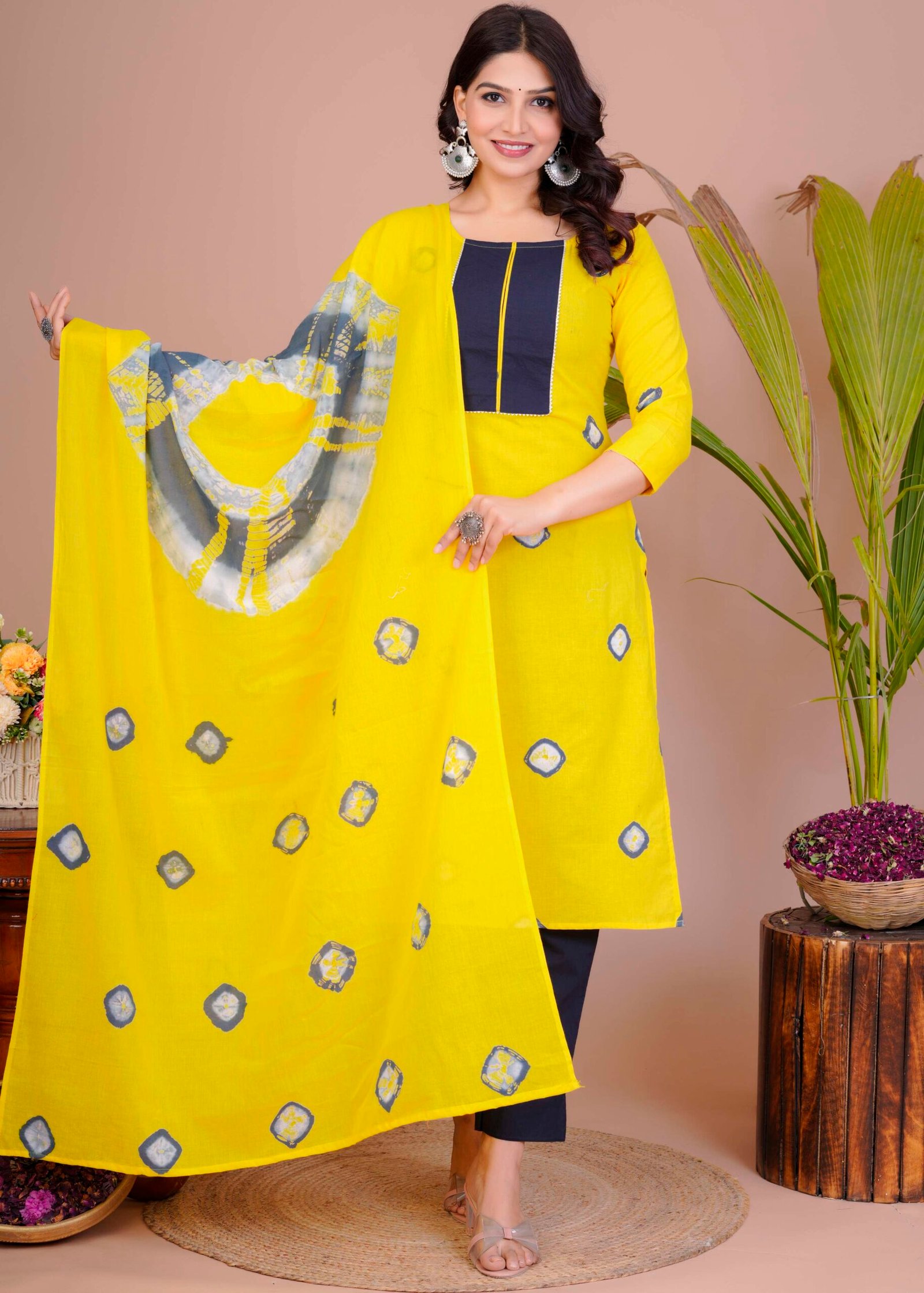 Women's Yellow & Navy Cotton Tie-Dye Straight Kurti with Pant & Dupatta Set