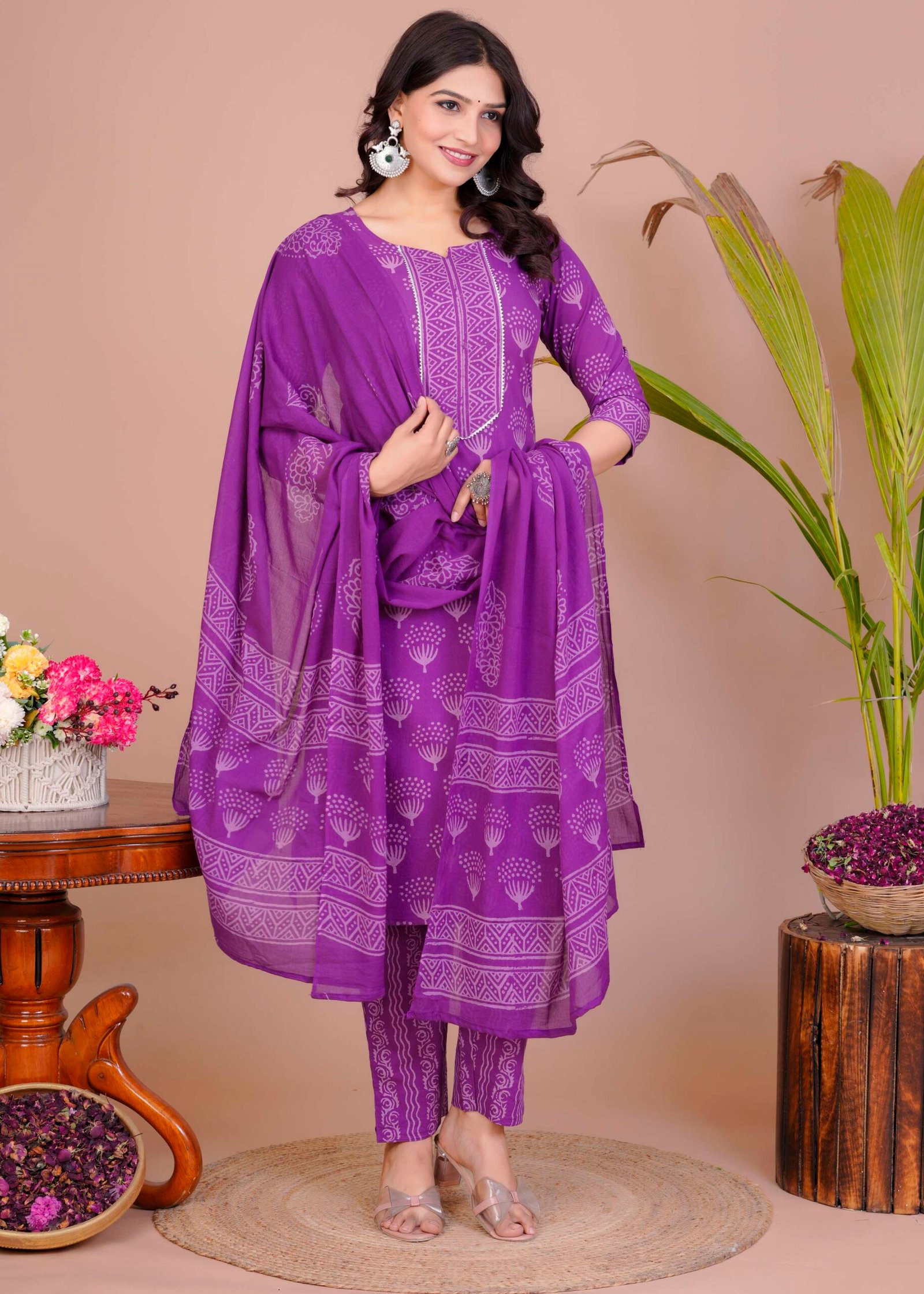 Women's Violet Cotton Printed Straight Kurti with Pant & Dupatta Set