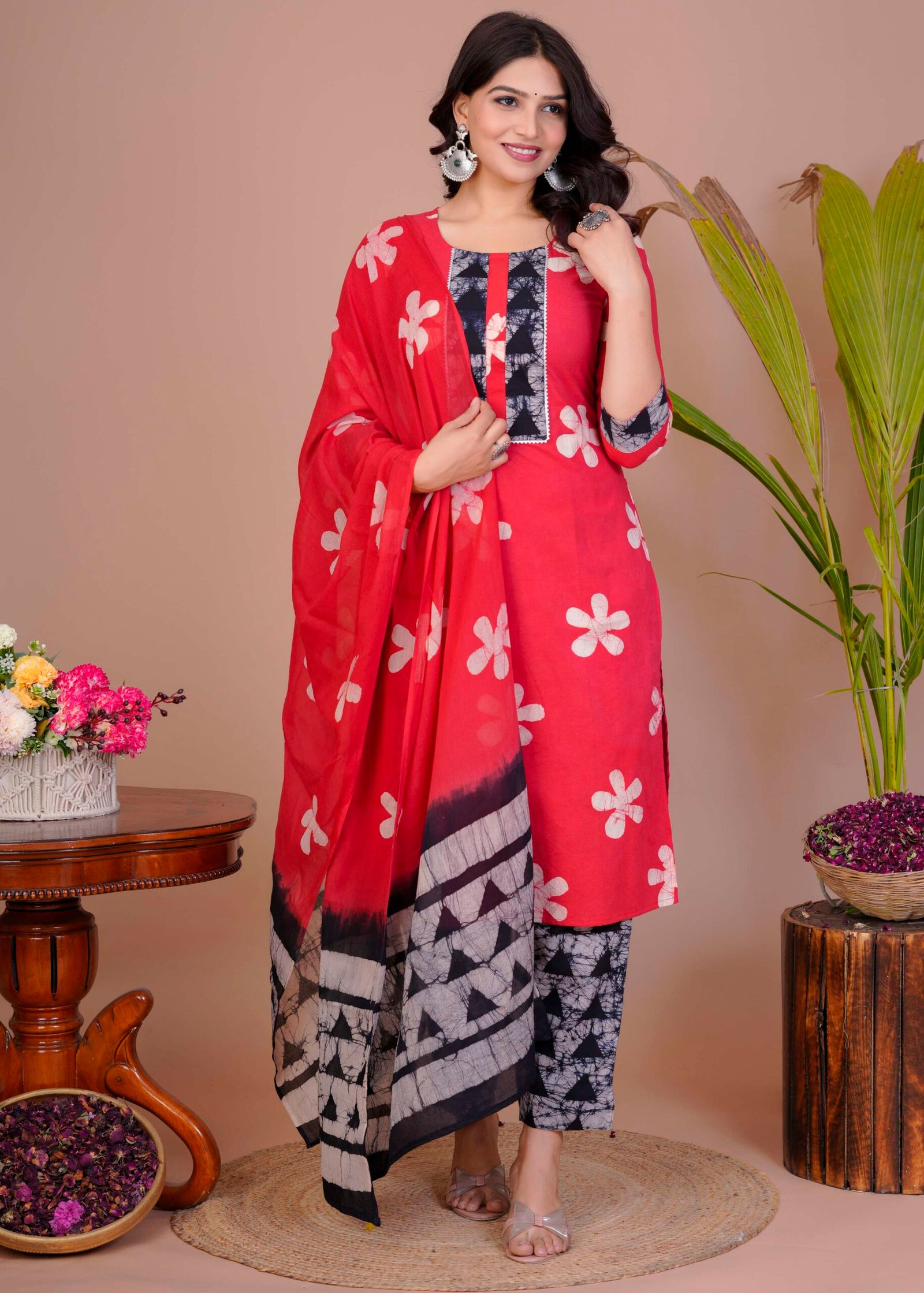 Women's Red Cotton Printed Straight Kurti with Pant & Dupatta Set - Image 5