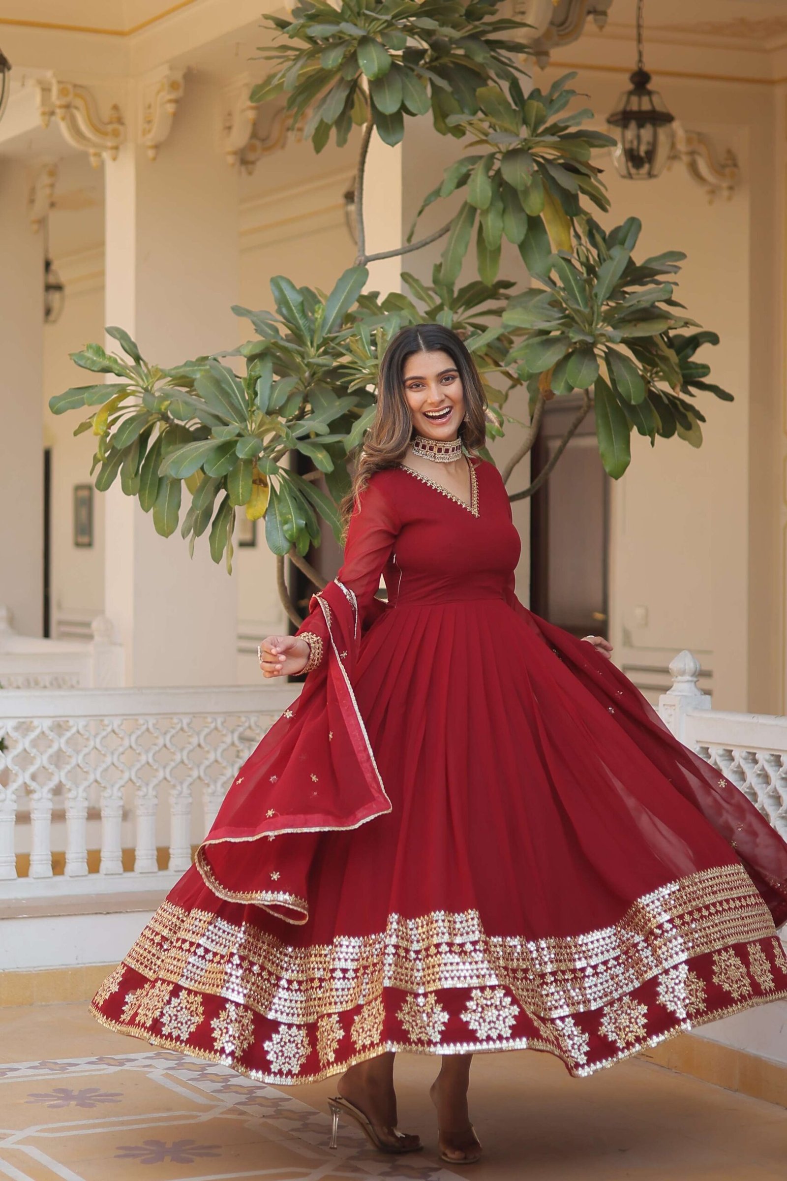Maroon Faux Blooming Gown with Sequined Dupatta ? Elegant Fully Flared Party & Wedding Set - Image 2