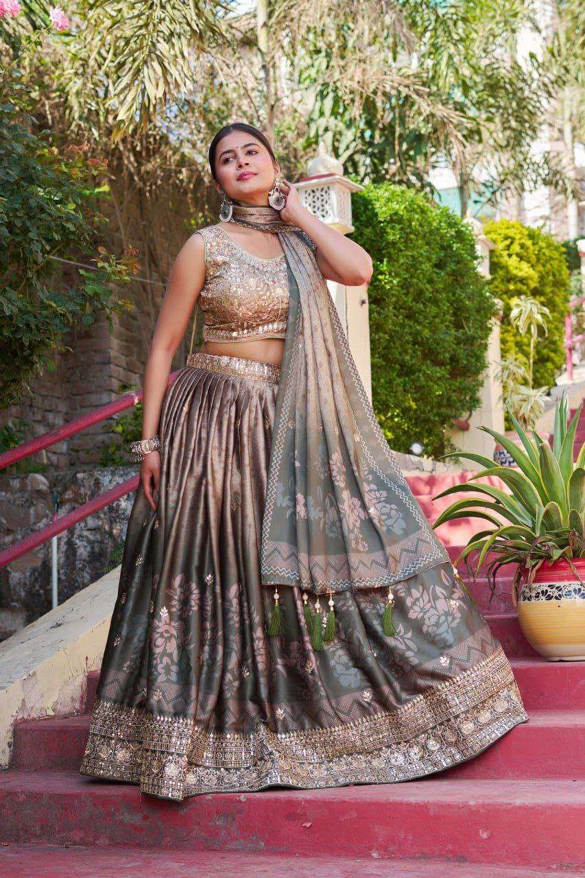 Greyish Maslin Sarting Lehenga Choli with Golden Blouse | Digital Print & Embroidery Work | Wedding & Festive Wear - Image 3