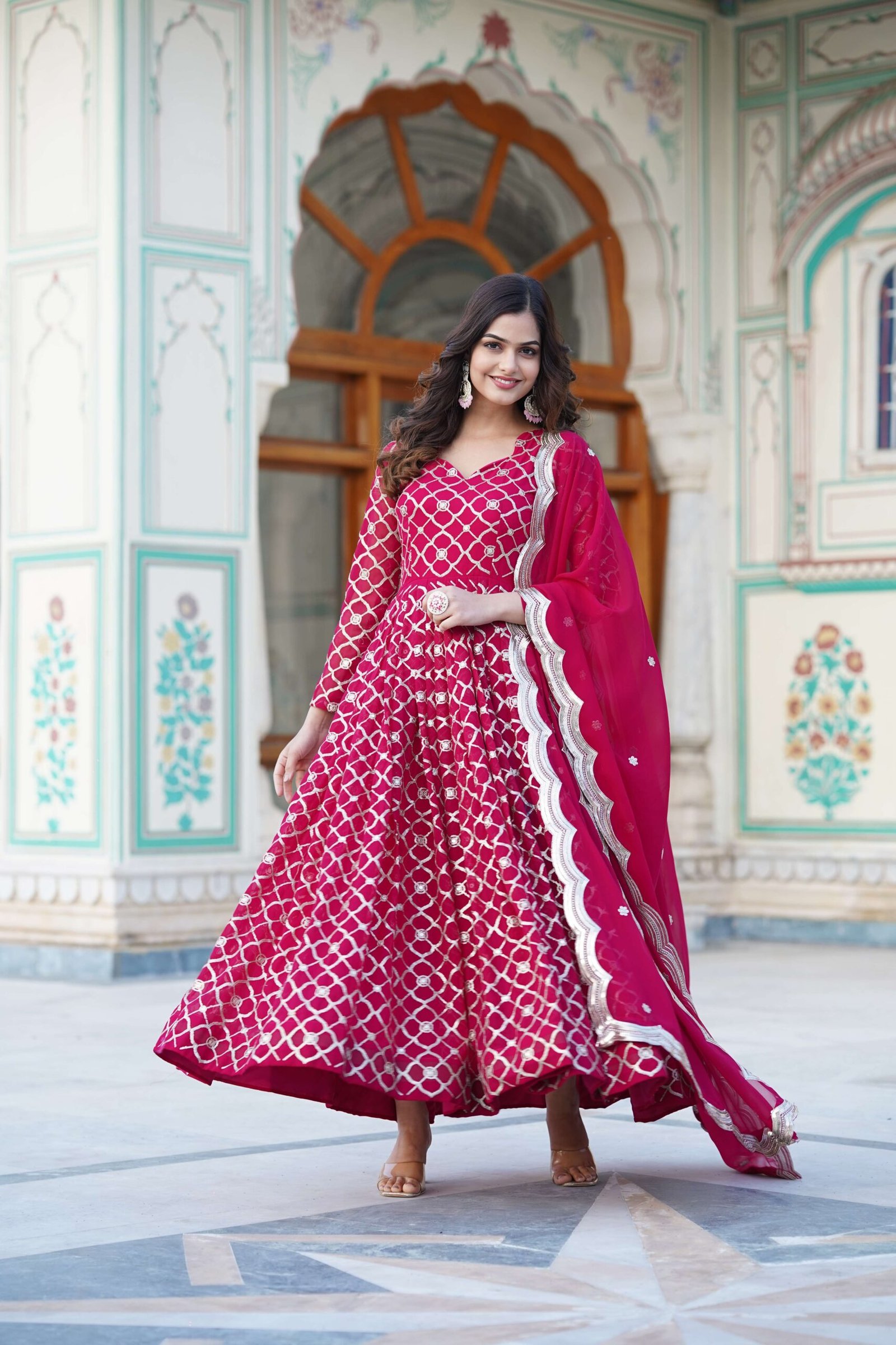 Pink Faux Blooming Designer Gown with Sequined Dupatta ? Elegant Fully Flared Party & Wedding Set - Image 3
