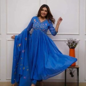 Women's Cotton Embroidered Long Anarkali Kurti With Pant and Dupatta Set