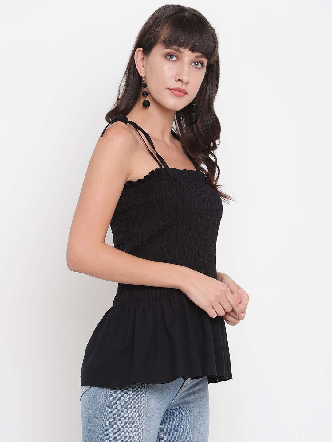 Women's Rayon Solid Casual Summer Style Tie Shoulder Straps Free Size Tank Top (Black) - Image 2