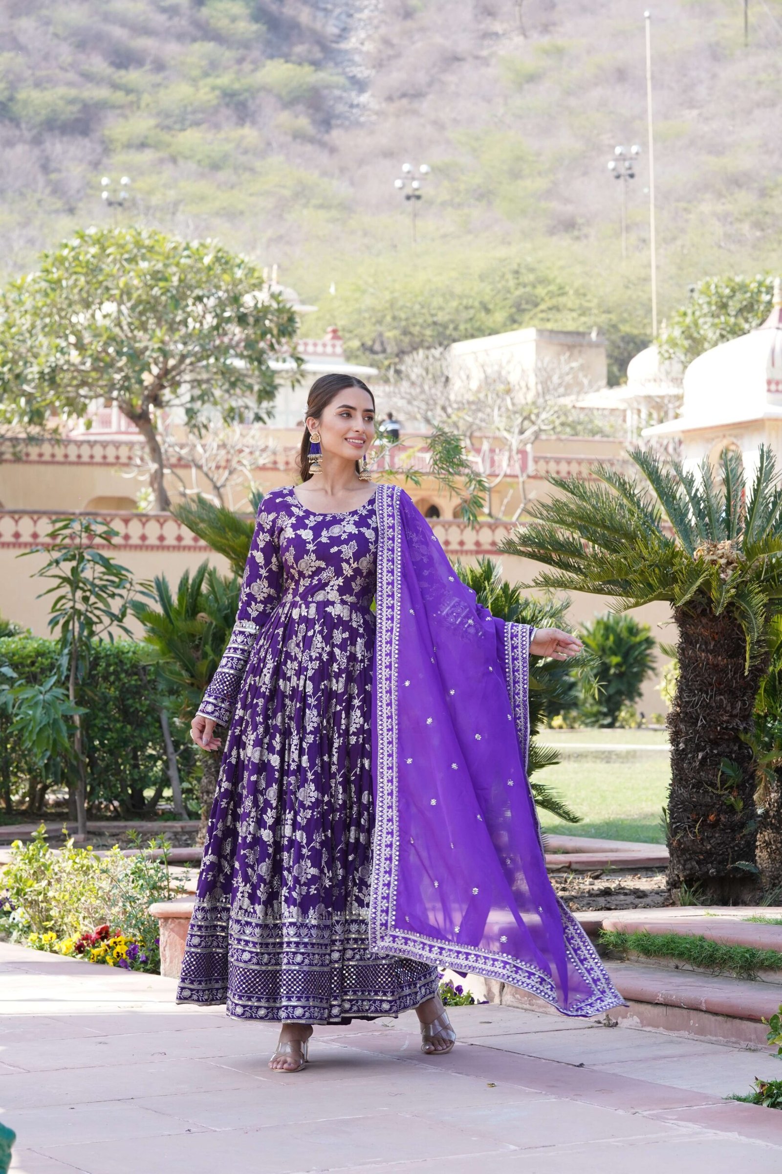 Purple Viscose Dyable Jacquard Gown with Russian Silk Sequined Dupatta ? Elegant Party & Wedding Set - Image 3
