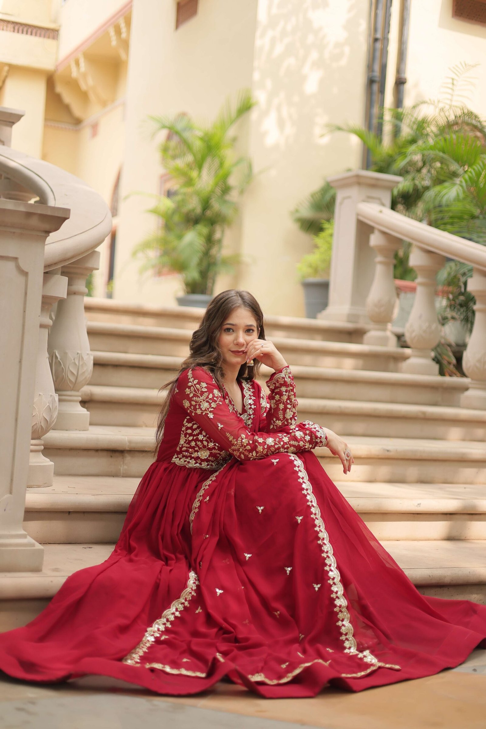 Maroon Faux Blooming Sequins & Zari Embroidered Gown with Matching Dupatta - Image 2