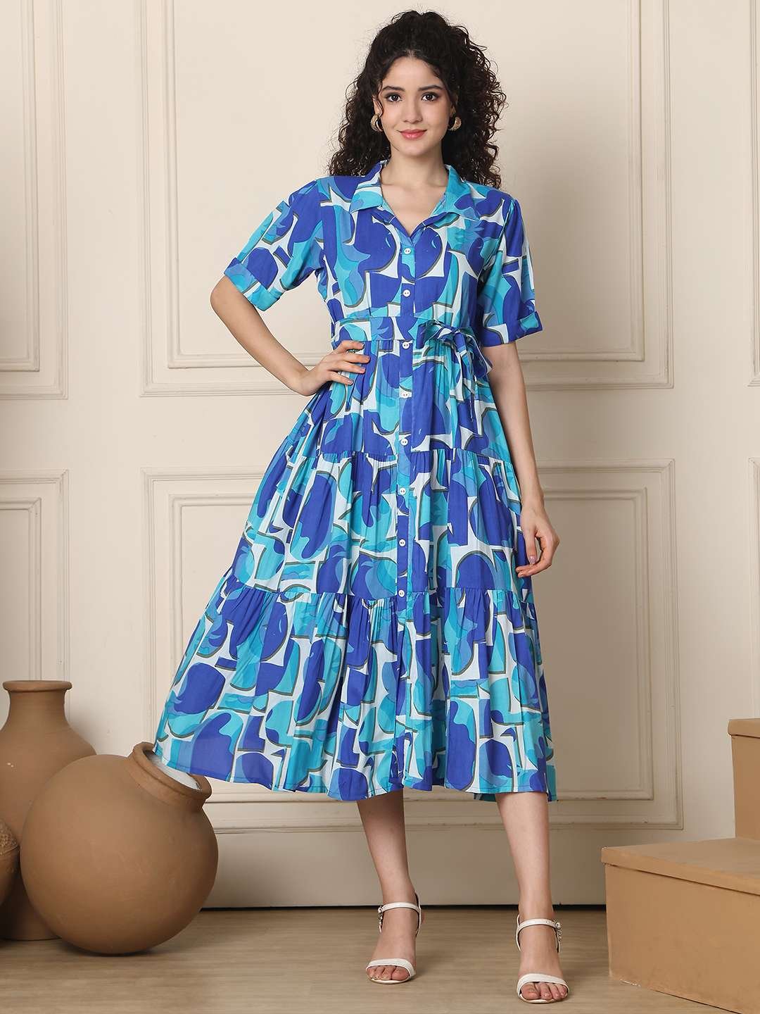 Women's Cotton Printed A-Line Midi Dress | Short Sleeve Flared Gown Dress (Navy Blue) - Image 6