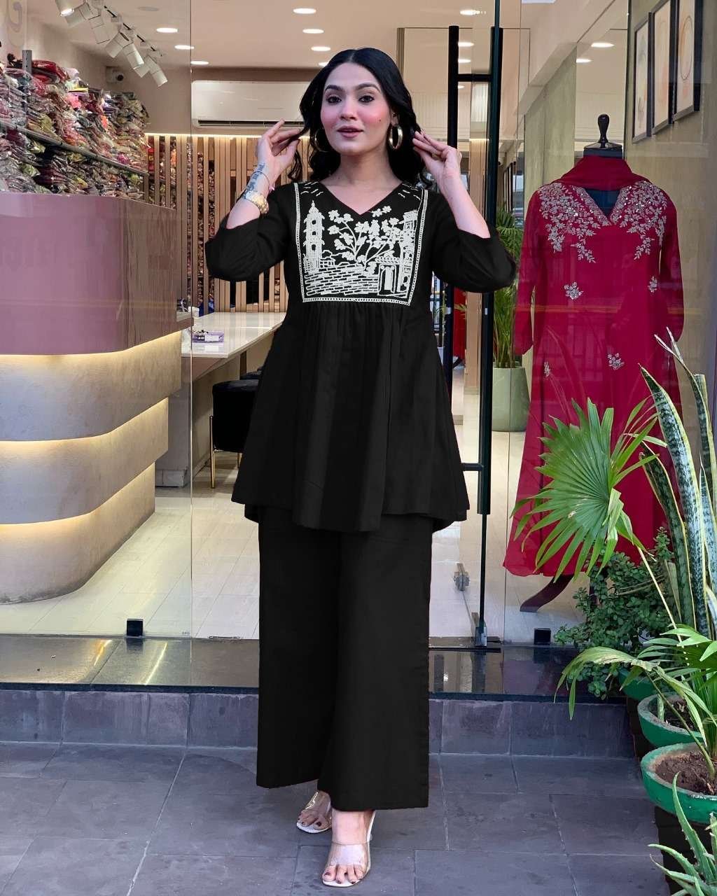 Women's Cotton Embroidered Flared Kurta With Pant Set - Image 2