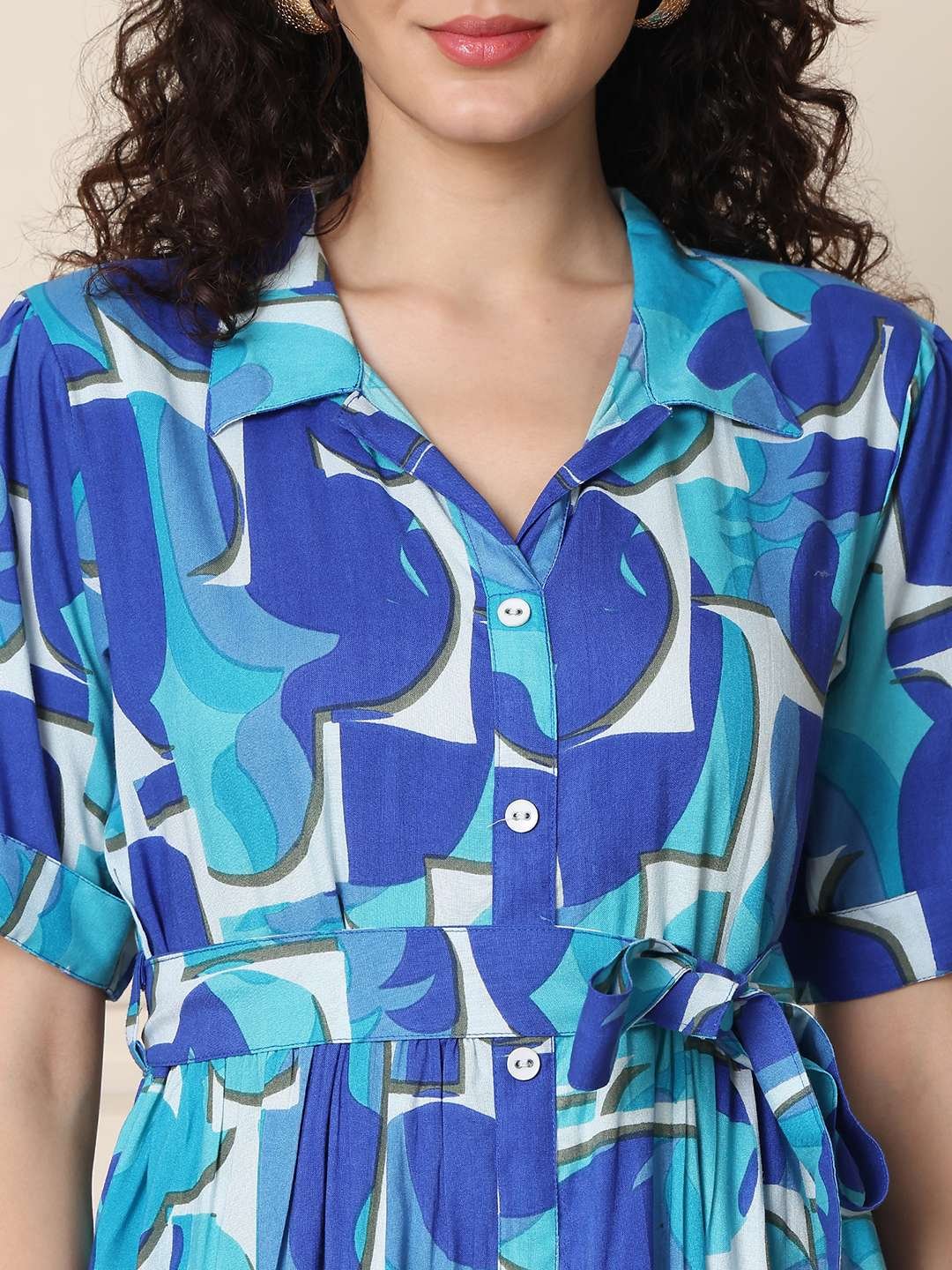 Women's Cotton Printed A-Line Midi Dress | Short Sleeve Flared Gown Dress (Navy Blue) - Image 4